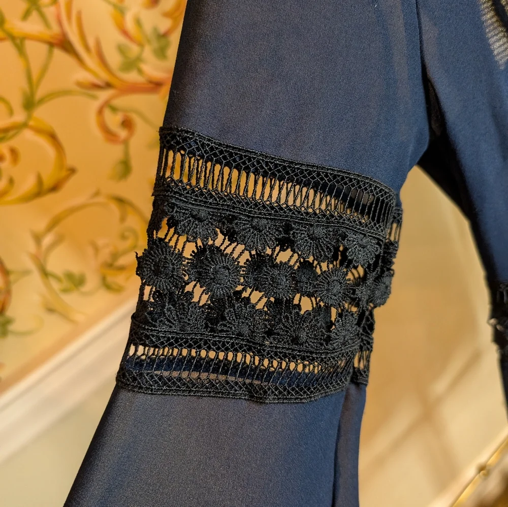 Self Portrait London Georgette And Guipure Lace Blouse Navy Size 4 - Picture 5 of 9